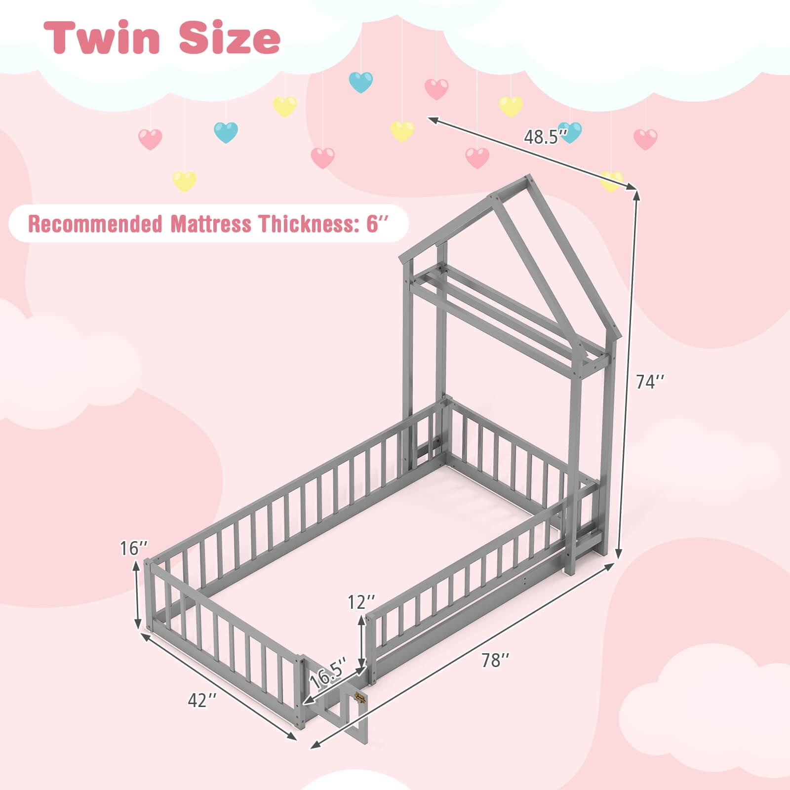 Infans Twin Size House Floor Bed w/House-shaped Headboard Clothes Hanger without Slats