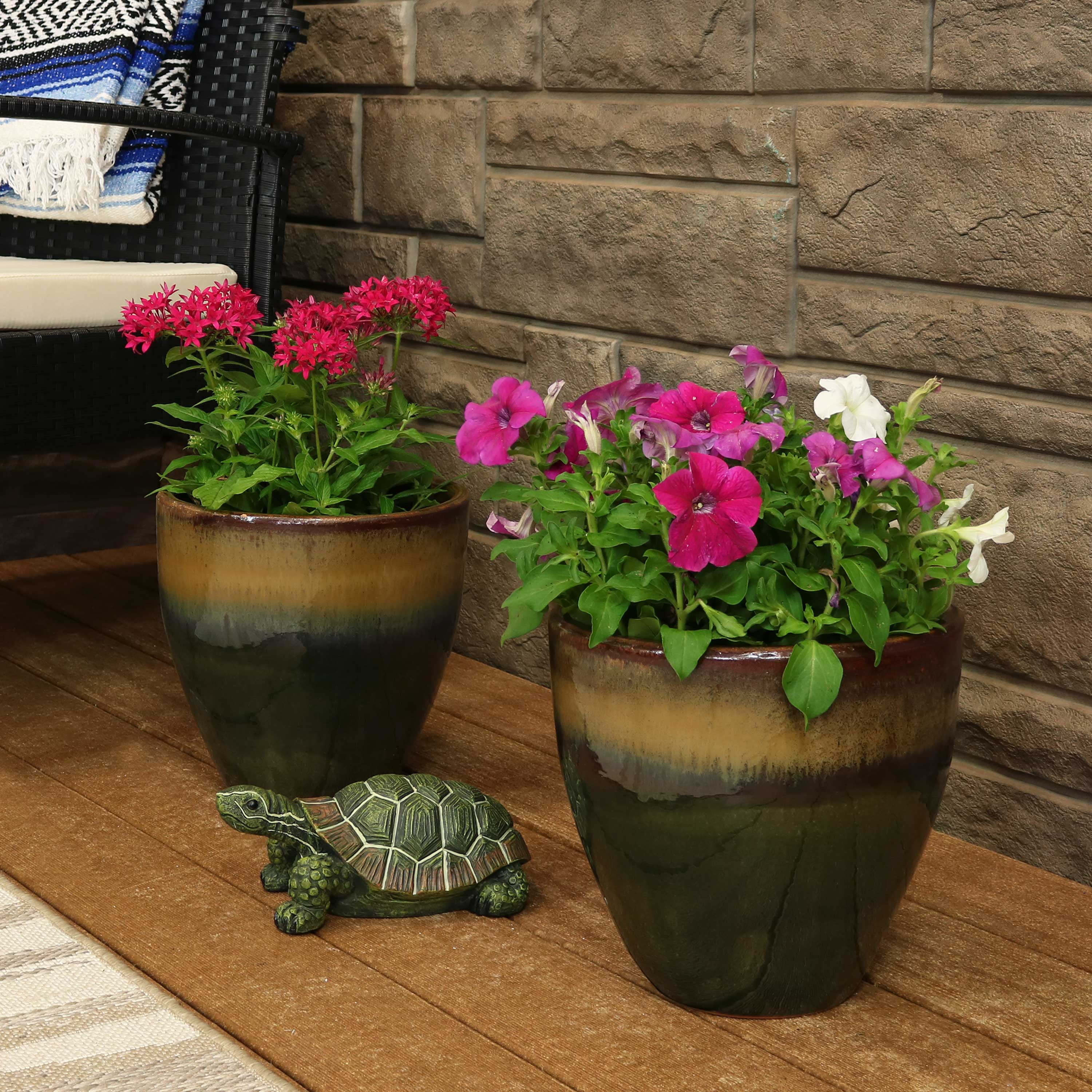 Sunnydaze Resort Ceramic Planter Set of 2 Forest Lake Green 10