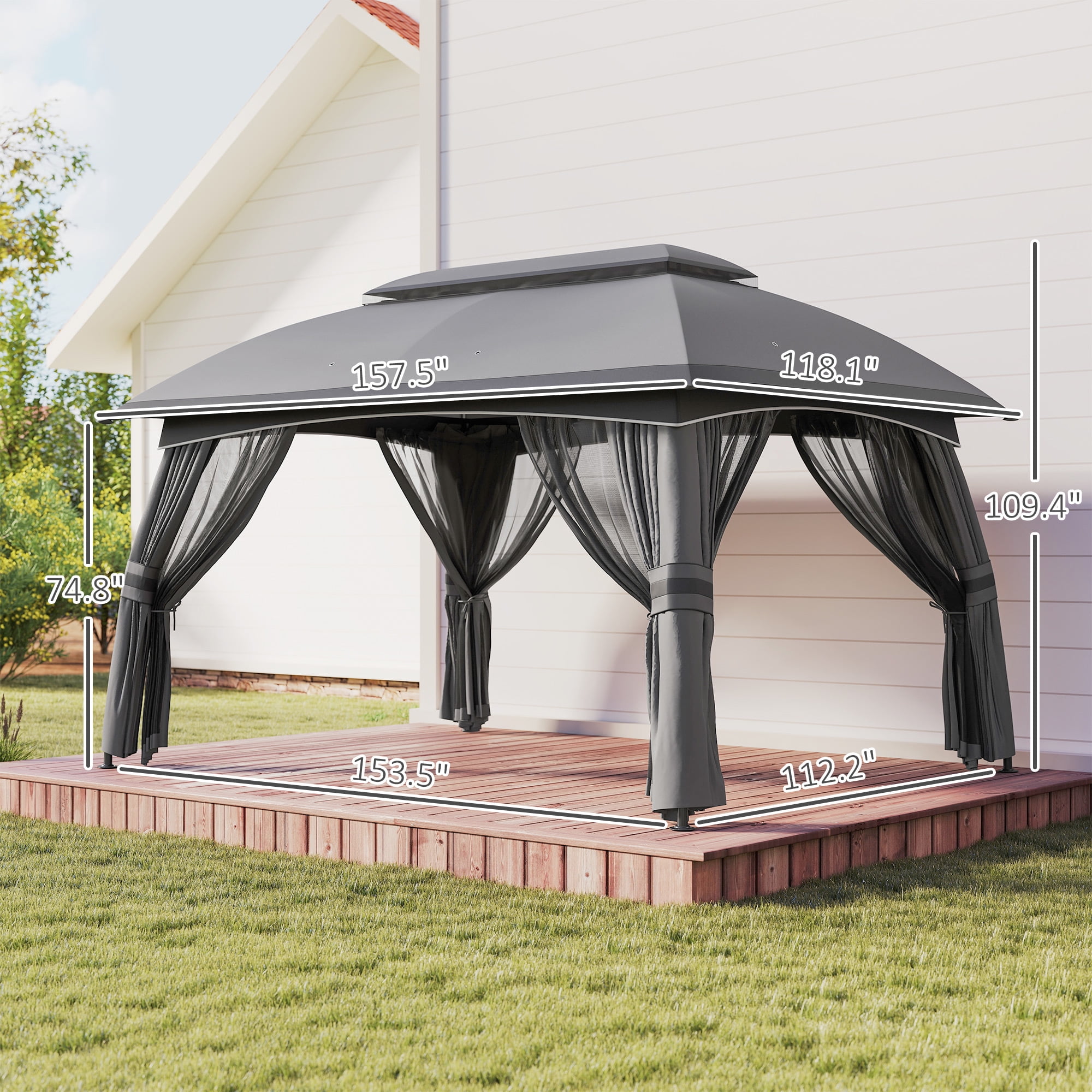 Outsunny 10' x 13' Patio Gazebo with Netting & Curtains, Dark Gray