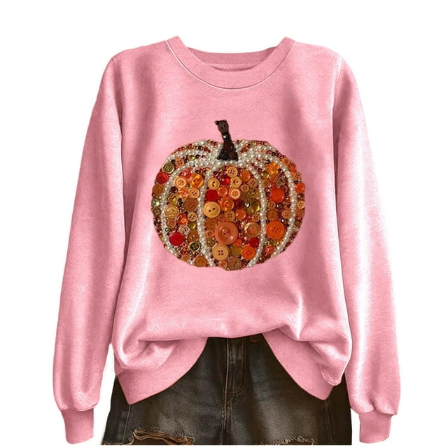 Lcziwo Hauts à Paillettes Citrouille pour Femmes Halloween Action de Grâce Hauts Graphiques Manches Longues Col Rond Chandail Décontracté 2025 Automne Hiver Tenues Mode Rose,G