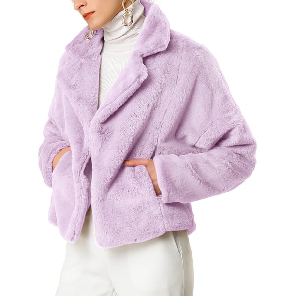 Chaqueta corta de pelaje sintético suave de manga larga con cuello de muesca para mujer INSPIRE CHIC XL en color púrpura taro