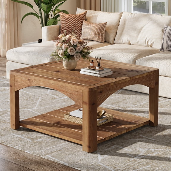 Tribesigns Solid Wood Coffee Table, 31.5-Inch Square Coffee Table for Living Room, 2-Tier Center Table, Brown