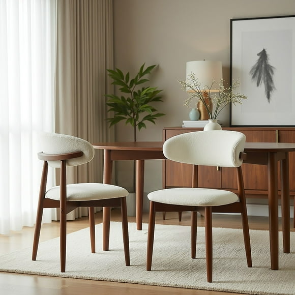 Aykah Aires Boucle Dining Chairs Set of 4, Modern Fabric Upholstered Kitchen Side Chairs, Farmhouse Dining Room Chair with Wooden Legs (Moonlight Boucle)