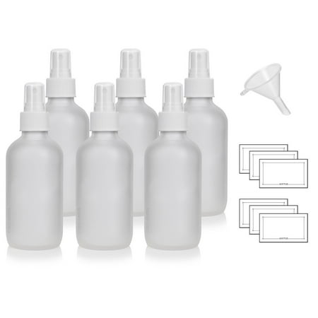 Finn Glass 4 oz Frosted Clear Glass Boston Round Bottle with White Fine Mist Sprayer (6 Pack) + Funnel and Labels ()