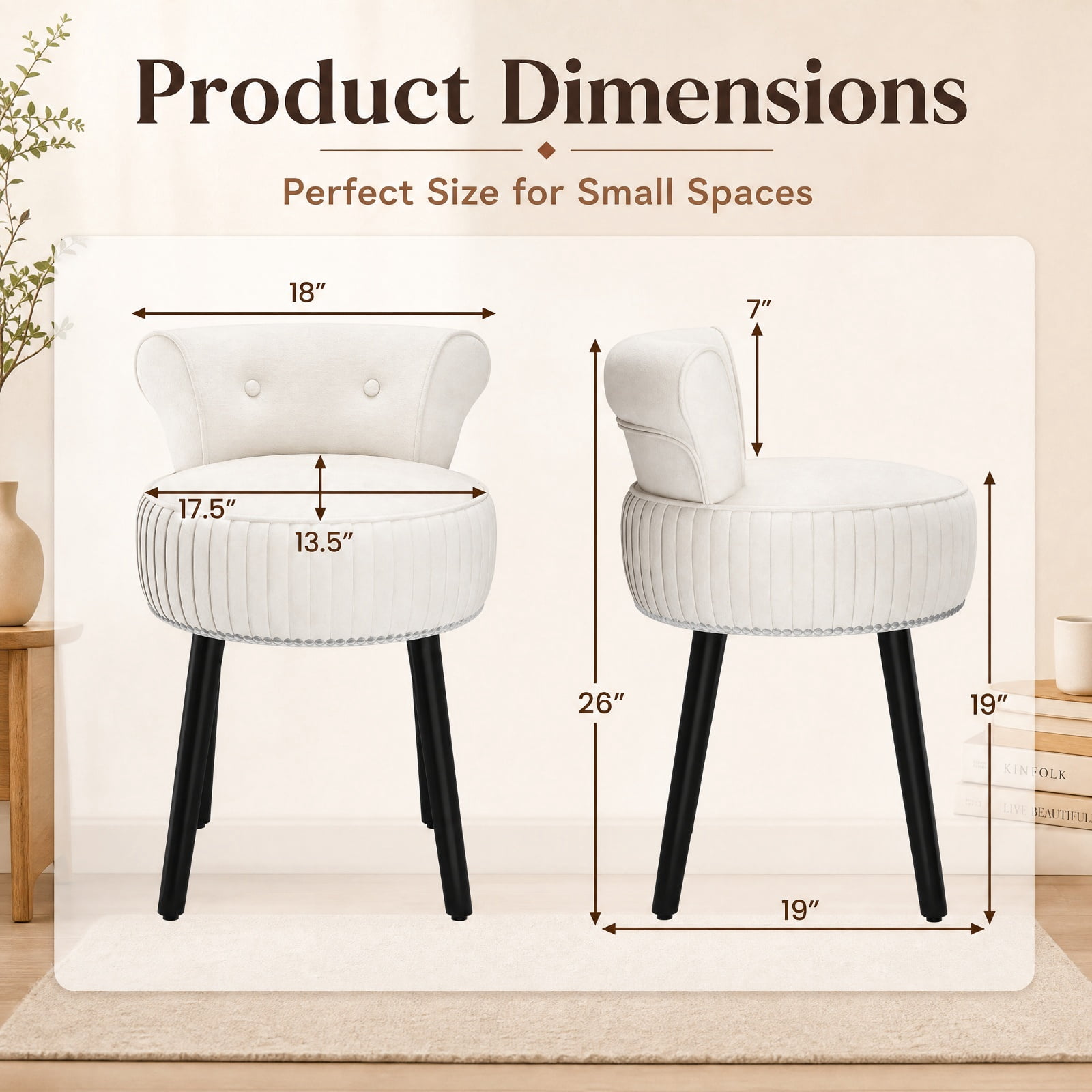 Furnibear Velvet Vanity Chair Upholstered Stool with Tufted Back and Wood Legs