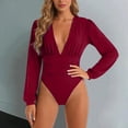 thumbnail image 2 of larppty Women's Sexy Ruched Deep V Neck Long Sleeve Bodysuit Plunging Neckline Leotard Shirts（Wine， M）, 2 of 9