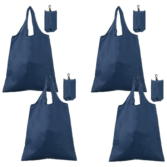 Uxcell 4 Pack Foldable Travel Bag with Handles, Lightweight Polyester Fabric Reusable Grocery Bags, Washable Shopping Tote Pouch for Women & Men Travel Beach Storage, Navy Blue