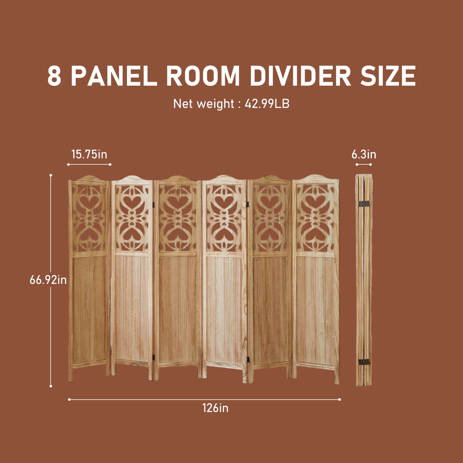 Aletheiawu 6 Panel Wood Carved Room Divider and Folding Screen, No Installation, Light Brown