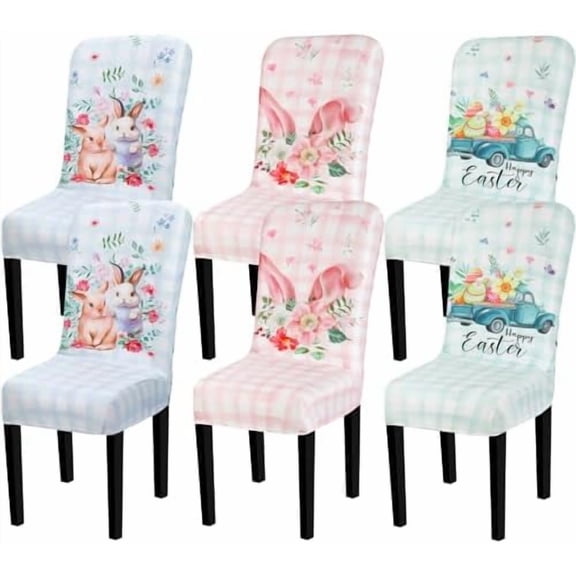 6 Pcs Easter Chair Covers Bunny Eggs Floral Truck Chair Slipcovers Protector Spring Washable Easter Party Decoration Removable Holiday Farmhouse Decor for Home Dining Room Kitchen