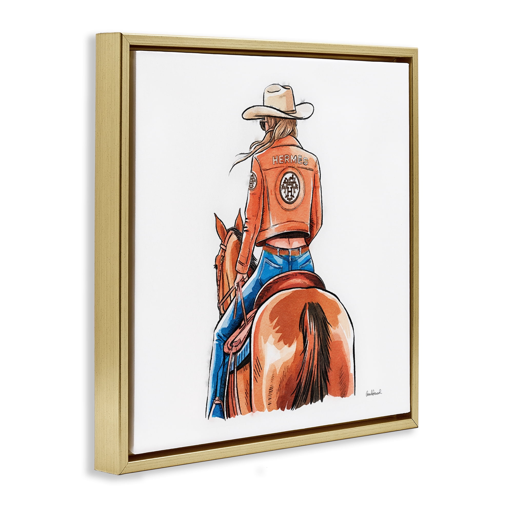 Stupell Industries Fashionable Chic Cowgirl People Painting Gold Floater Framed Canvas Art Print Wall Art, 18 x 18