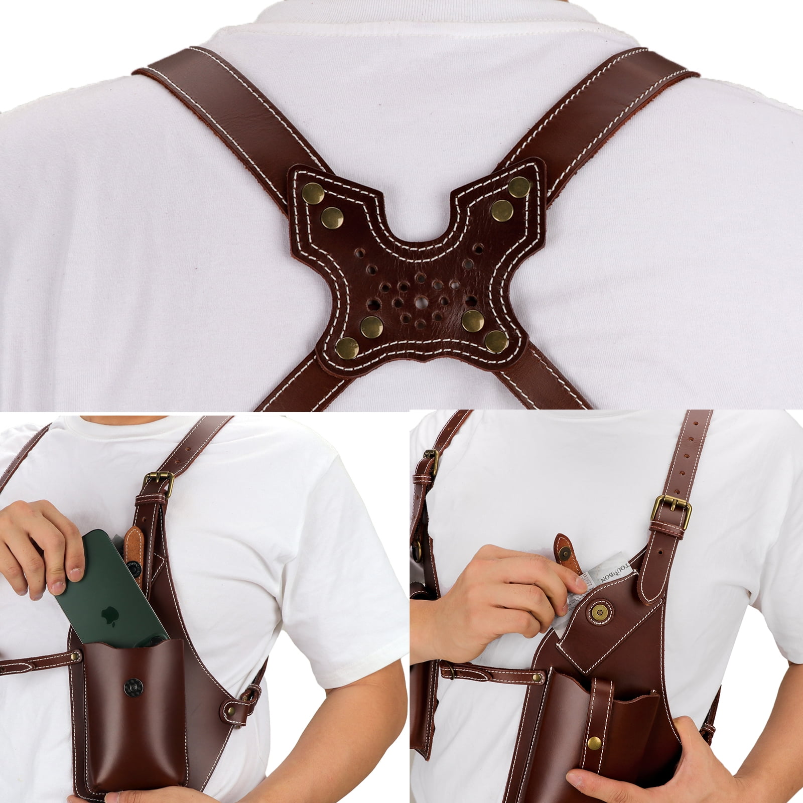 TOURBON Leather Tool Suspenders Bag Vintage Brown Shoulder Strap Tool Pouch for Phone Fully Adjustable
