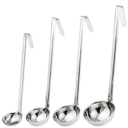 Fit Meal Prep Stainless Steel Soup Ladle One-Piece Sauce Spatula with Hook Handles, Commercial Grade Serving Spoon, Kitchen Tool for Restaurant or Home Cooking [Pack of 4] - 2oz, 4oz, 6oz, 8oz