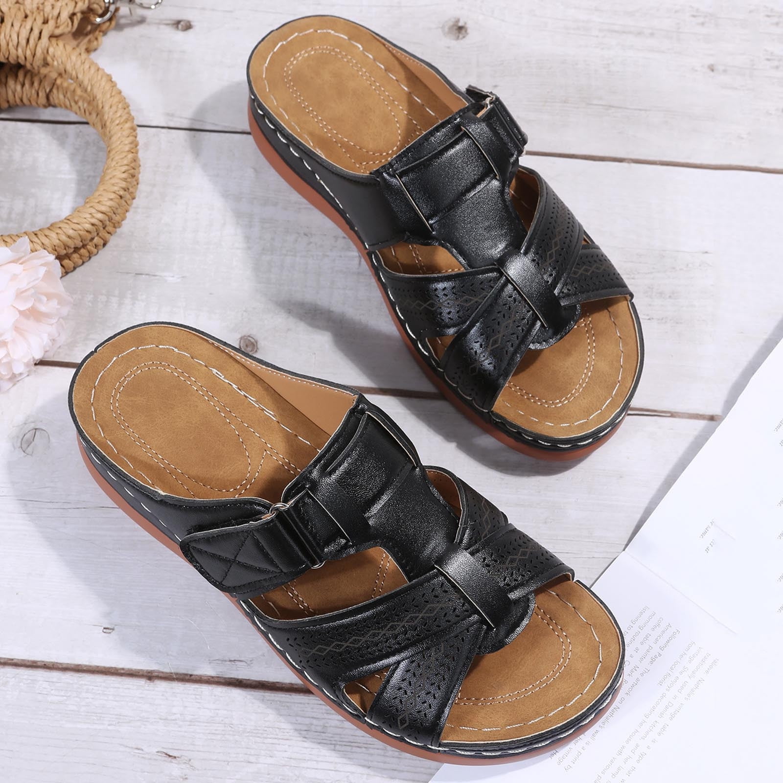 AXXD Women Black Sandals 8.5 Flat Arch-support Ladies Beach Orthopedic Summer Non-Slip Causal Sandals