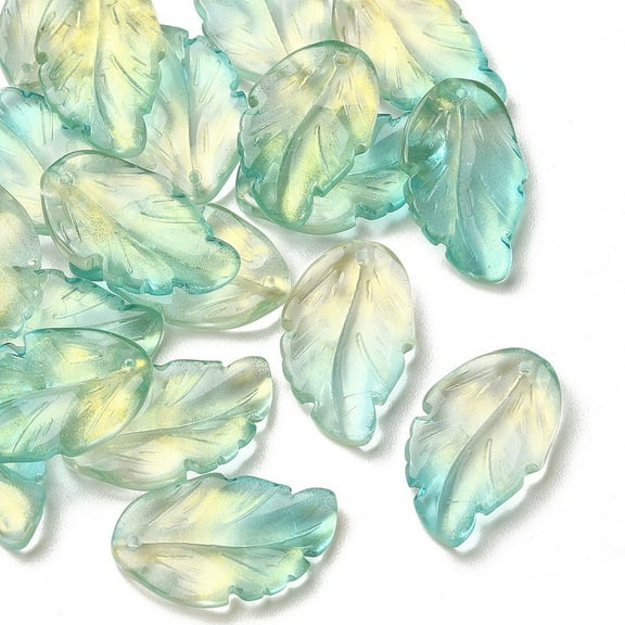 Handmade Transparent Czech Lampwork Pendants with golden Foil Leaf Charms Turquoise 28x17x3.5mm Hole: 1.2mm