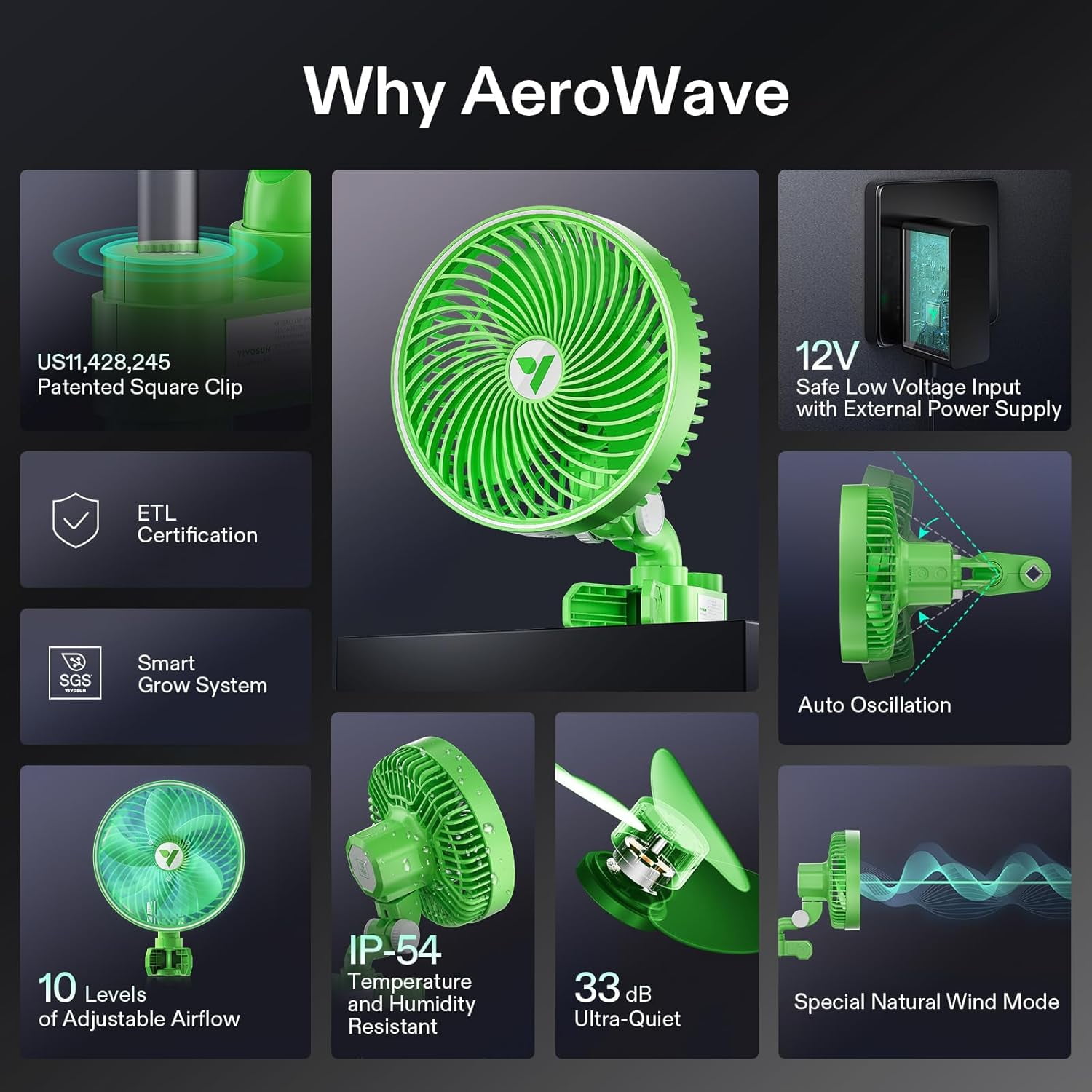 VIVOSUN AeroWave E6 10-Speed Auto Oscillation Clip-On 320 CFM Fan