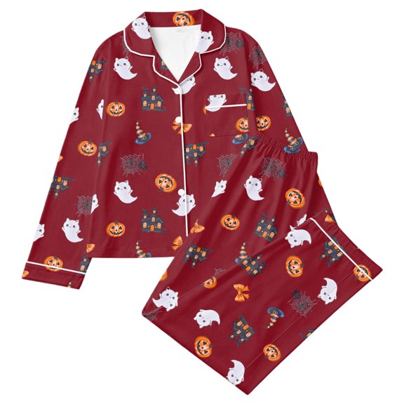 Puliio Halloween Womens Pajamas Set Ghost Pumpkin Print Long Sleeve Notch Collar Sleepwear 2 Piece Soft Loungewear Nightwear Pjs Sets
