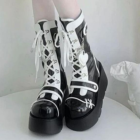 Tawop Winter Boots for Women Mid-Calf Chunky Heel Buckle Thick Sole Round Toe Fall Black Boots