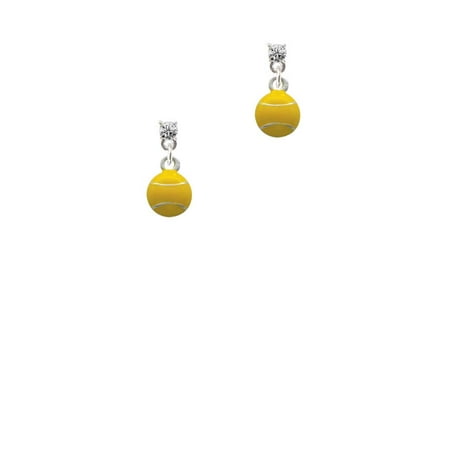Mini Tennis Posts - Silvertone Mini Enamel Tennis Ball Clear Crystal Post Earrings
