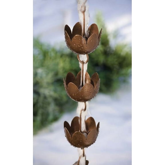 Browned Copper Lily Rain Chain for Outdoors, Backyards, Patios and Lawns