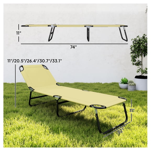 Folding Chaise Lounge Pool Chairs, Outdoor Sun Tanning Chairs with 5-Level Reclining Back, Steel Frame for Beach, Yard, Patio, Beige