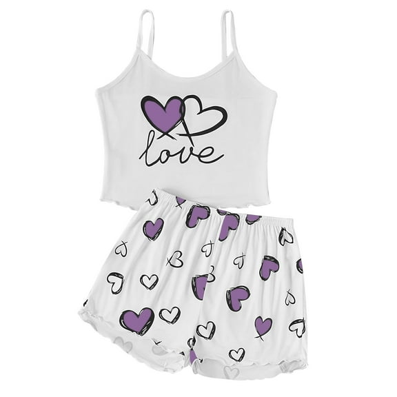 Women’s Cute Pajama Set Cami Tank Top Shorts Heart Print Sleepwear Loungewear 2 Piece Pjs Soft Summer Set
