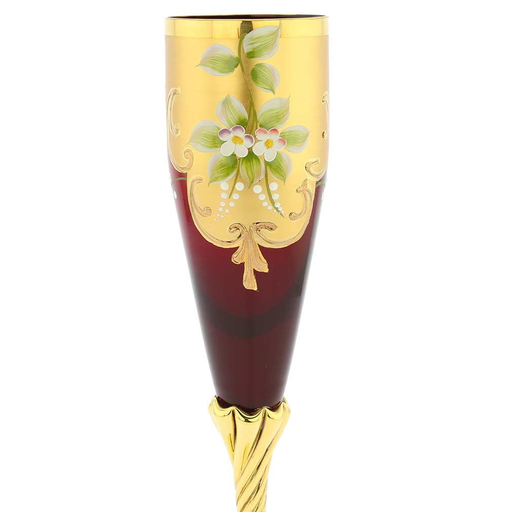 GlassOfVenice Set of Two Murano Glass Champagne Flutes 24K Gold Leaf - Red