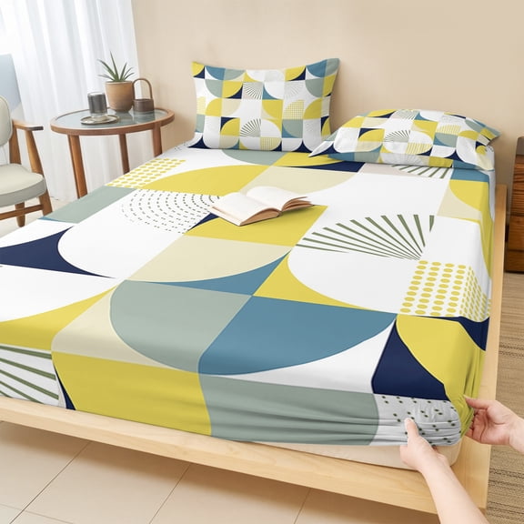 Full Size Fitted Sheet Set - Yellow Geometric 3 Piece Bedding Sets 16" Deep Pocket Fitted Sheet with 2 Pillowcases Middle Century Modern Abstract Art Brushed Microfiber Hotel Luxury Bed Sheets