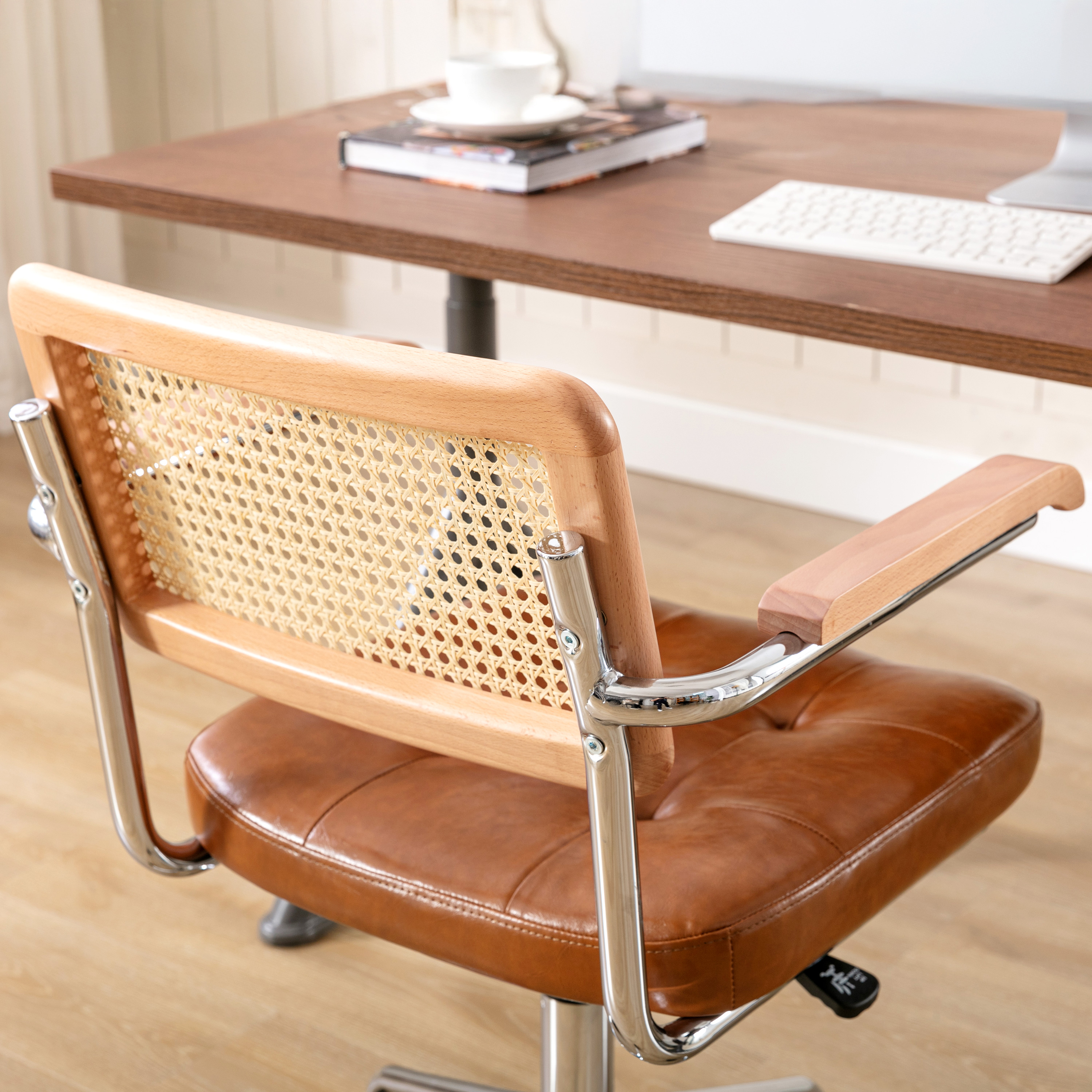 ONEVOG Tufted Leather Desk Chair, Swivel Home Office Chair with Rattan Back, Upholstered Vanity Chair with Arm, Adjustable Height Computer Task Chair, Brown