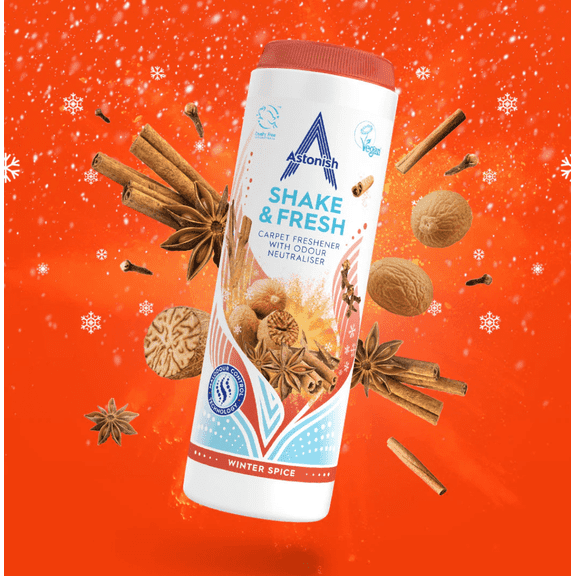Astonish Shake & Fresh Carpet Freshener Winter Spice Scent with Malodour Control Technology - Deep Odor Neutralizer, Long-Lasting Fragrance Powder for Dry Carpets, Easy Shake Vacuum Application