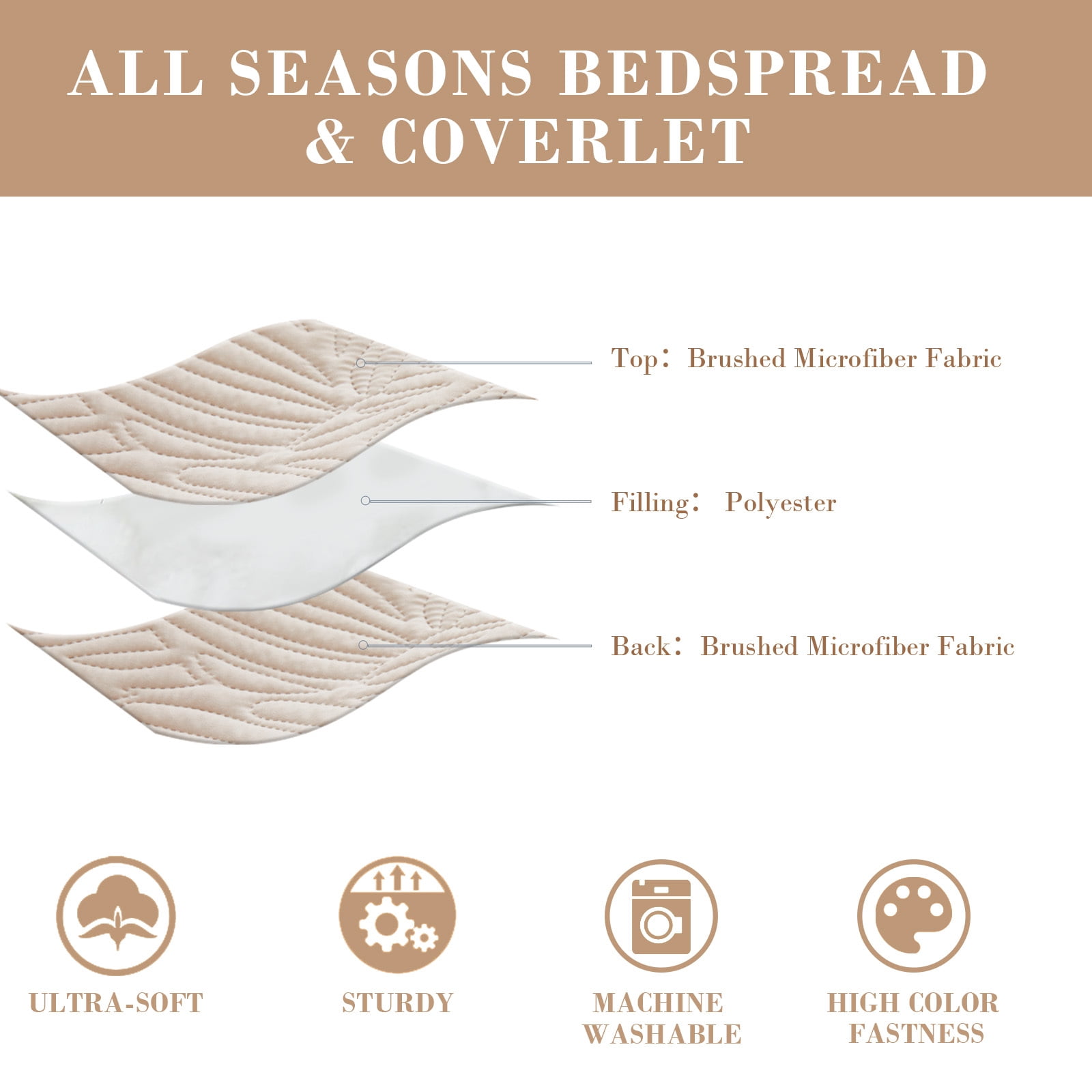 Exclusivo Mezcla Ultrasonic Full Queen Size Quilt Set Brich Beige, 3 Pieces Lightweight Bedspread Leaf Pattern Bed Cover Soft Microfiber Coverlet Bedding Set for All Seasons