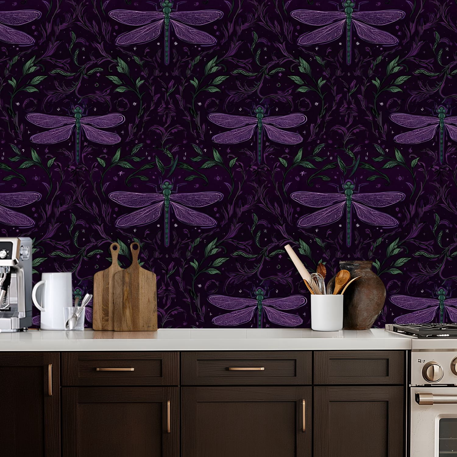 Peel and Stick Wallpaper Dragonfly Botanical Purple Night Foliage Hand Drawn Wall Mural 17.7in x 9.8ft Self Adhesive Removable Wall Paper Renter Friendly Wallpaper for Nursery Bedroom Cabinets