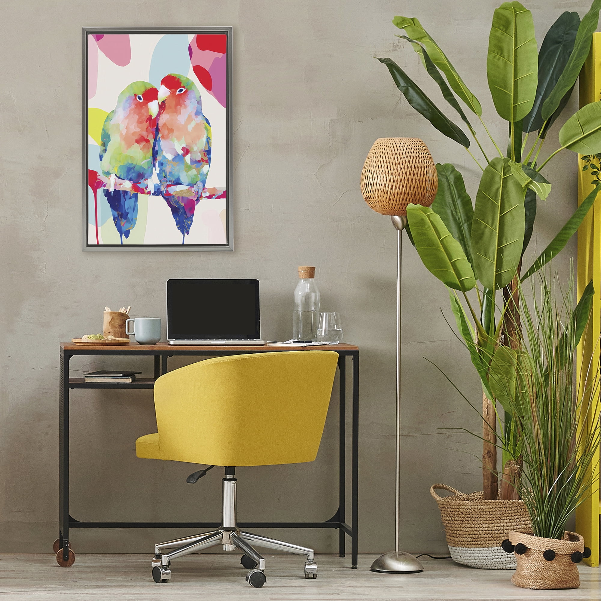 Stupell Industries Lovebirds on a Branch Gray Framed Floater Canvas Wall Art, design by Chromatic Storm Studio