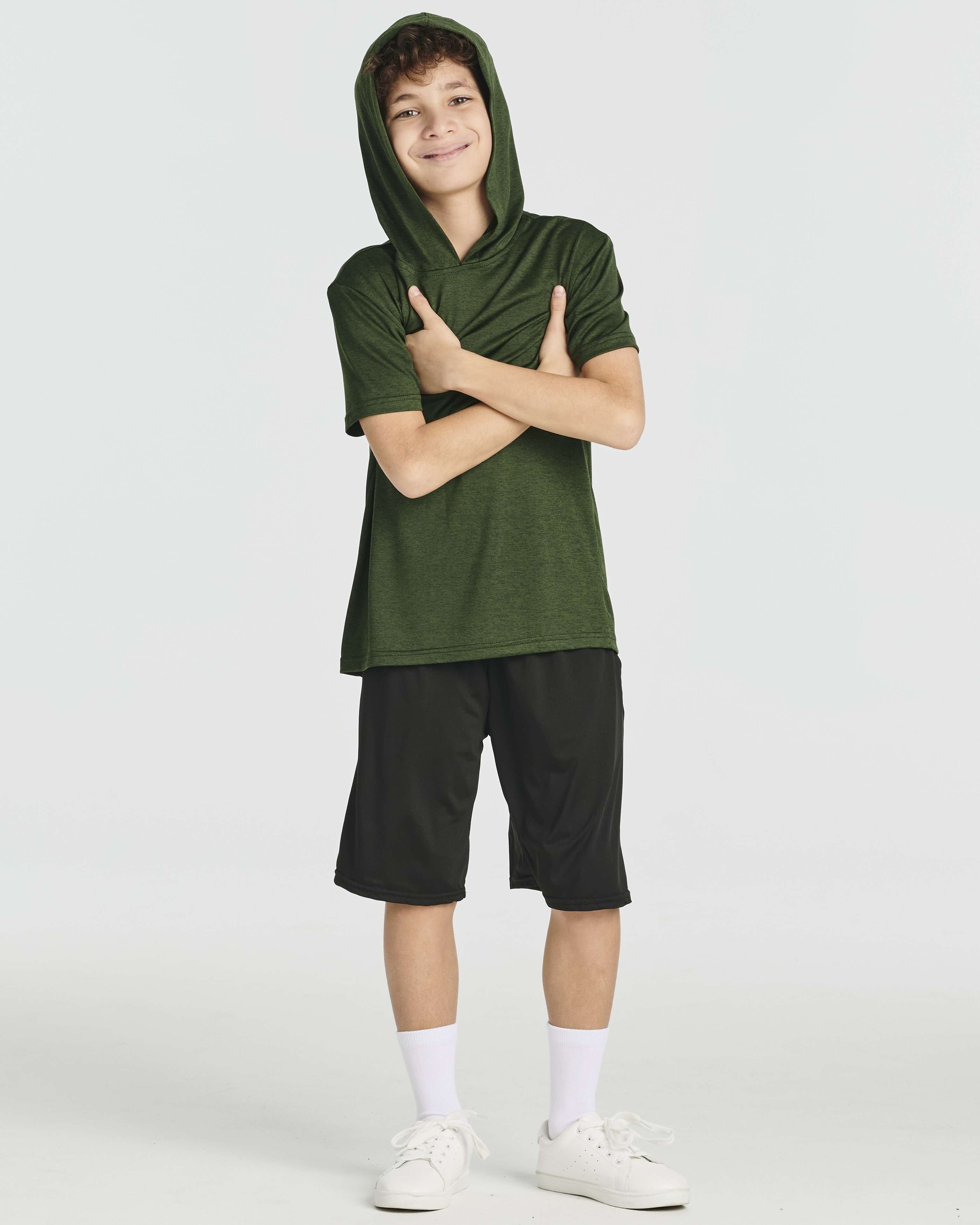 Real Essentials 3 Pack: Boys Dry-Fit Youth Teen Active Athletic Short Sleeve Workout Hoodie - Hooded Pullover Shirts