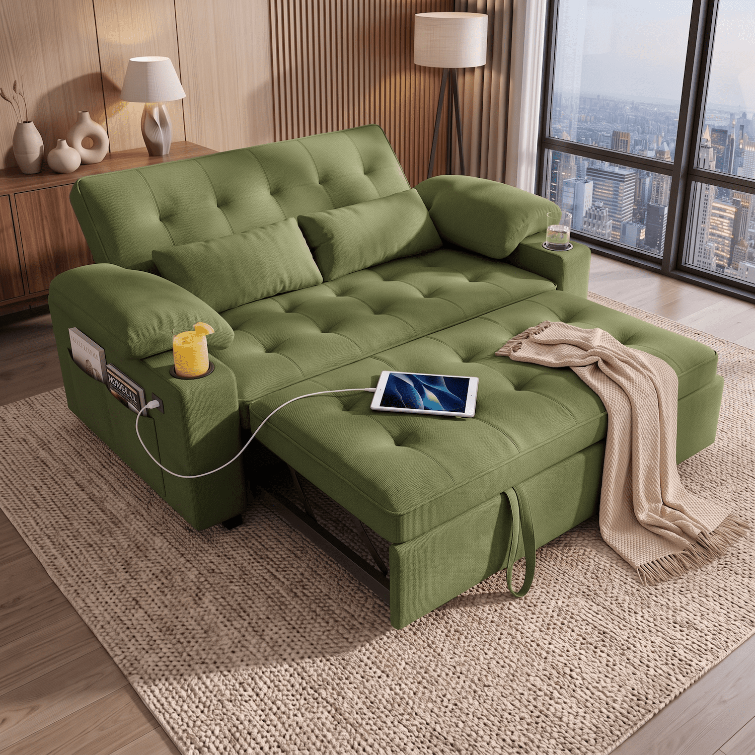 Xiweot Convertible Sleeper Sofa Bed, 58" Full Size Pull Out Couch with Cup Holders, Adjustable Backrest, USB Ports & Side Pockets, Towel Fabric Sleeper Loveseat for Living Room Apartment (Green)