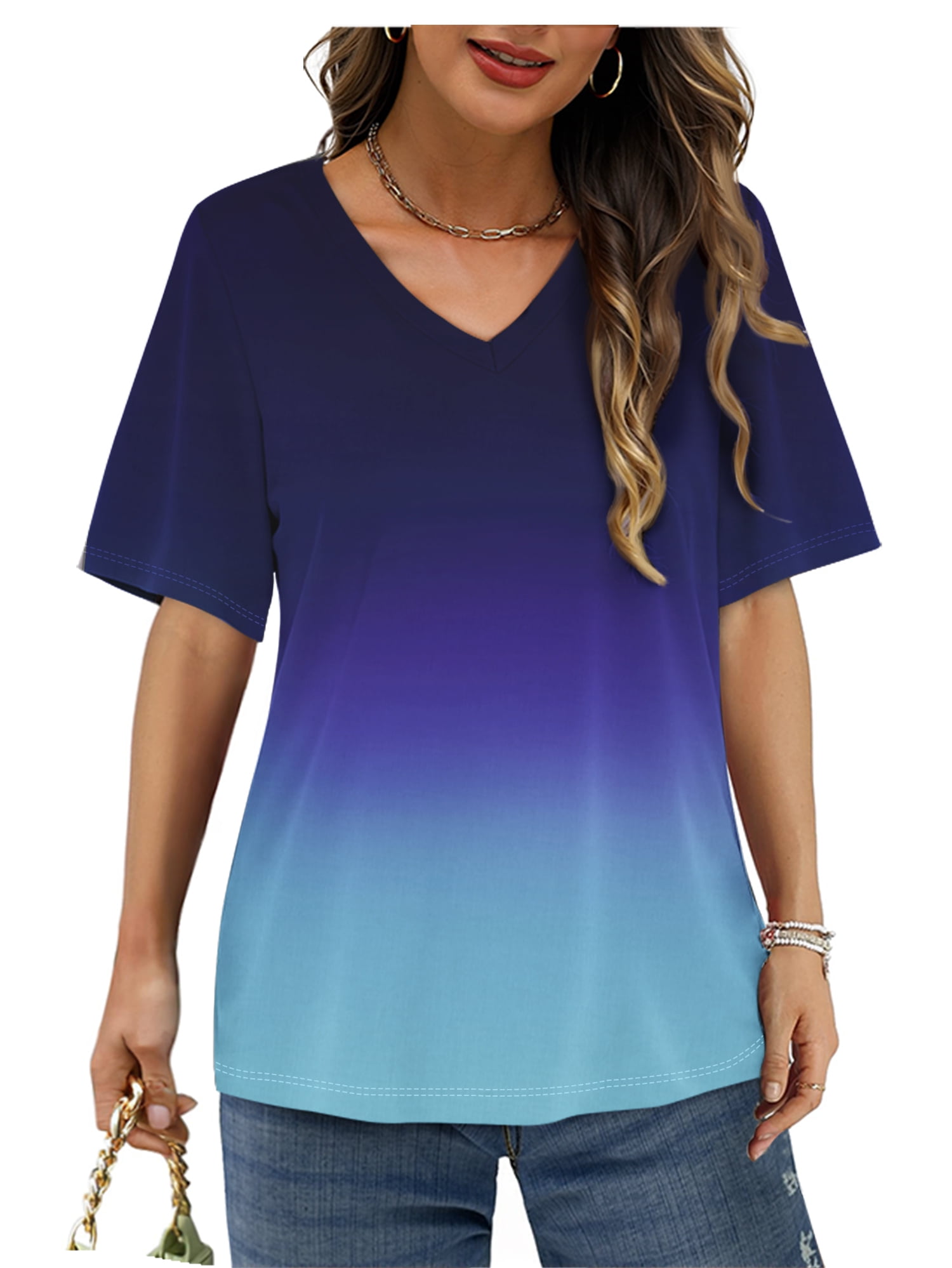 MOSHU Womens T-Shirts V Neck Short Sleeve Loose Tees Tops Casual Tie Dye Shirts for Women