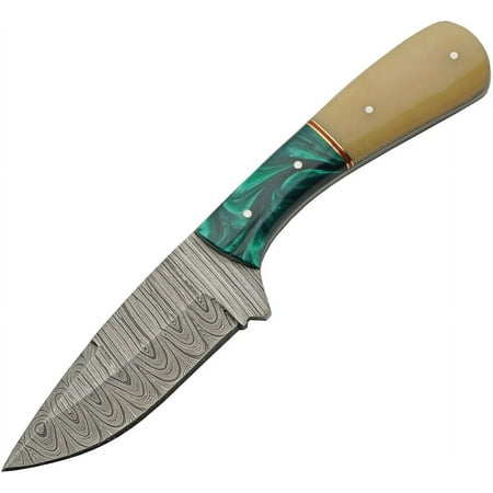 Damascus DM-1370GN 4 Damascus Steel Blade Camel Bone Green Acrylic Fixed Knife