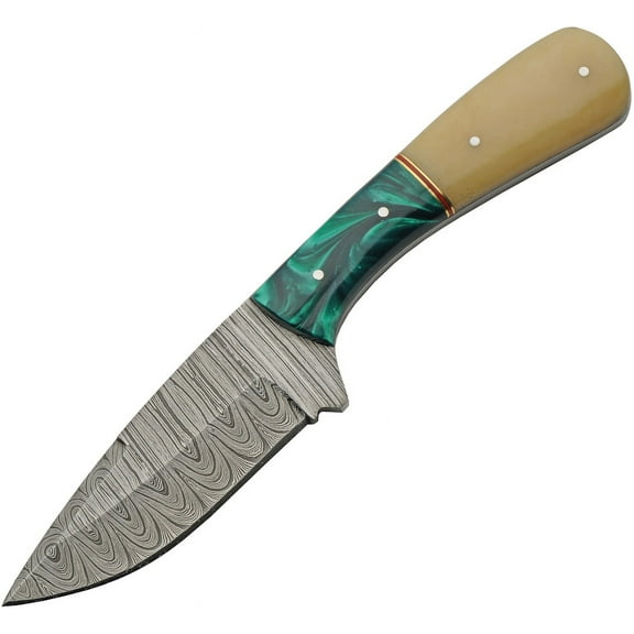 SANZ 8.5" Damascus Steel Fixed Blade Knife with Green Bone/Resin Handle and Leather Sheath