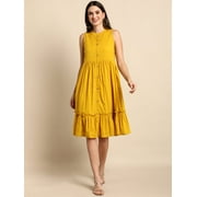 Janasya Keyhole Neck 3/4 Sleeve Floral Green Cotton Flex Ethnic Dress For Women,Summer Dress/Summer Wear