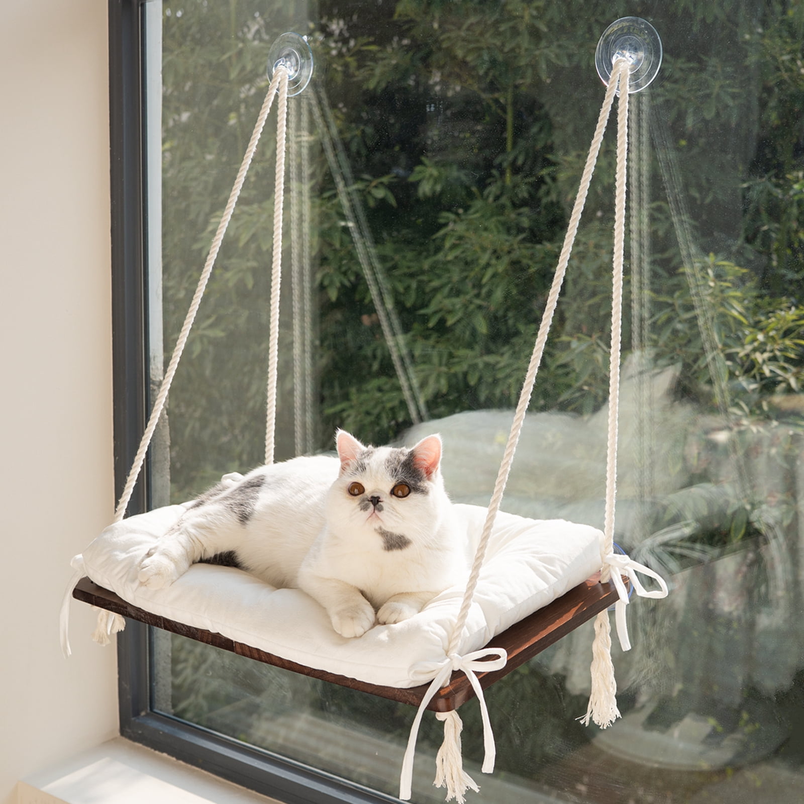CheerPals Cat Window Perch with Cushion, 27.5*15In Solid Wood Hammock Bed, 45lb Capacity for Indoor Cats