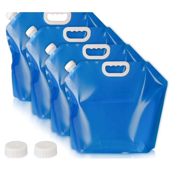 Collapsible Water Tank Container 4 Pack 1.3 Gallon/5L,No-Leak Freezable Portable BPA Free Food Grade Plastic Storage Jug for Camping,Hiking,Travel,Emergency Survival Kit Bonus 2 Pcs Caps