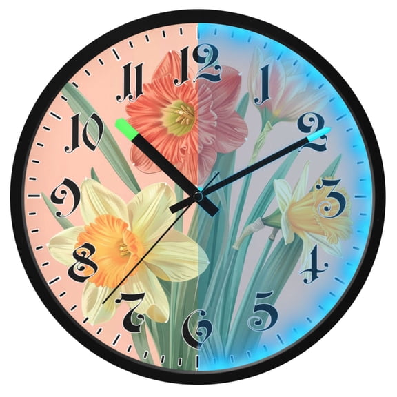 Ryvnso Daffodils Tulips Flower Leaf 12 Inch Night Light Wall Clock Luminous Silent Battery Operate Clocks