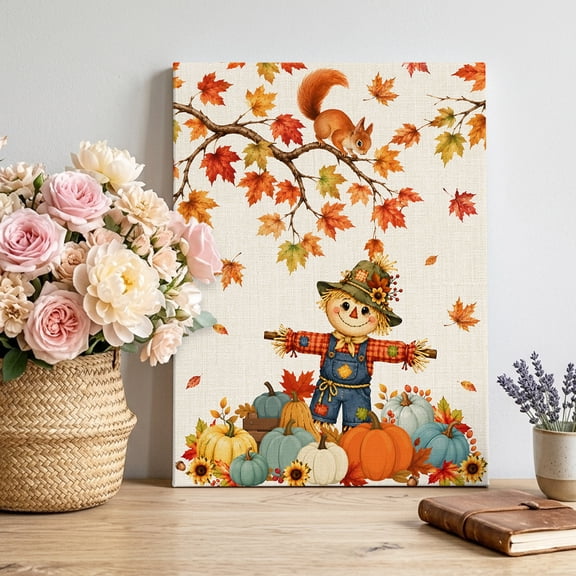 Canvas Wall Art, Fall Scarecrows Framed Canvas Prints for Living Room Bedroom, Thanksgiving Autumn Pumpkins Leaves Beige Gallery Wrapped Wall Decor for Home Office, Gifts, 12"x16" Ship Next Day