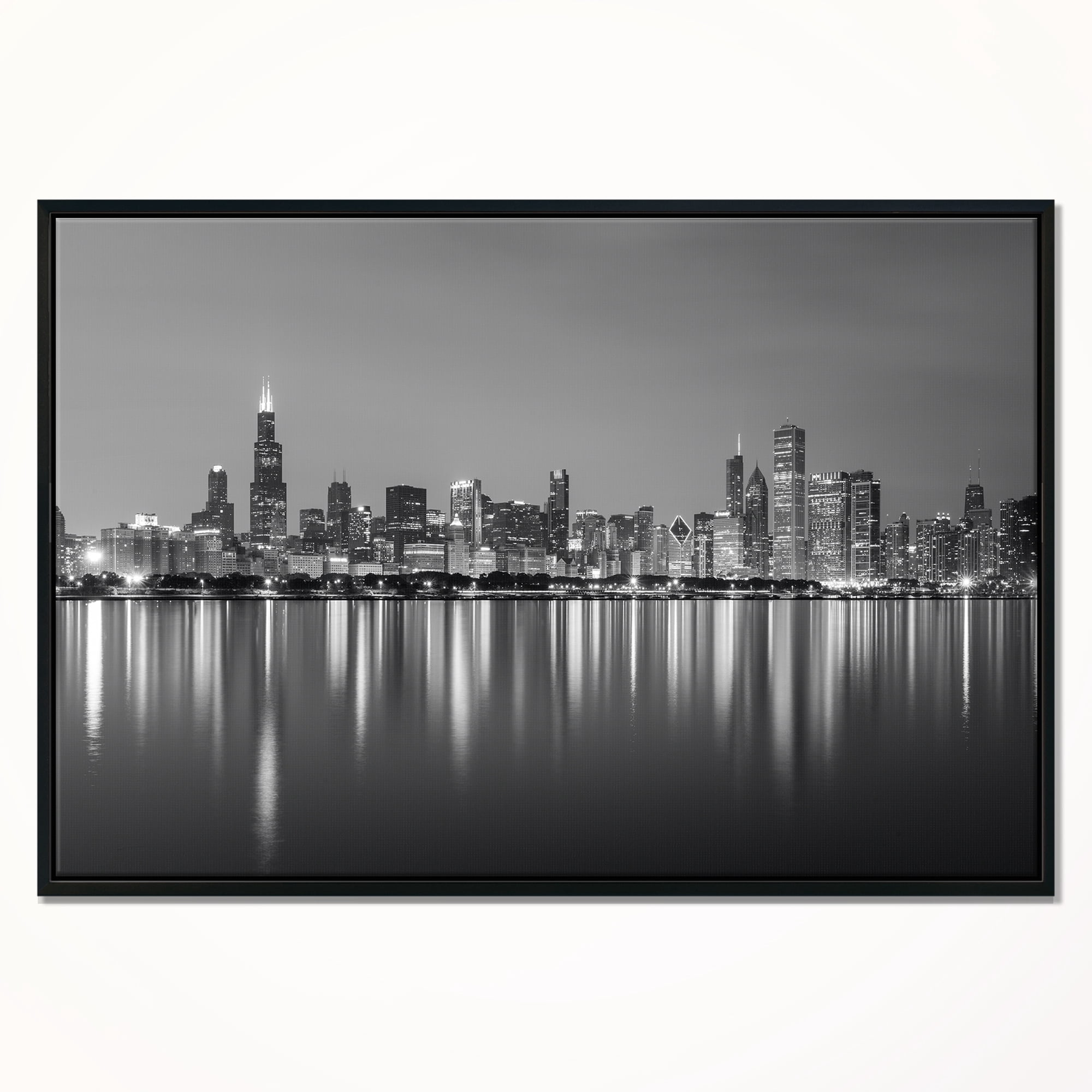 Designart ' Chicago Skyline at Night Black and White ' Cityscape Framed Canvas Print