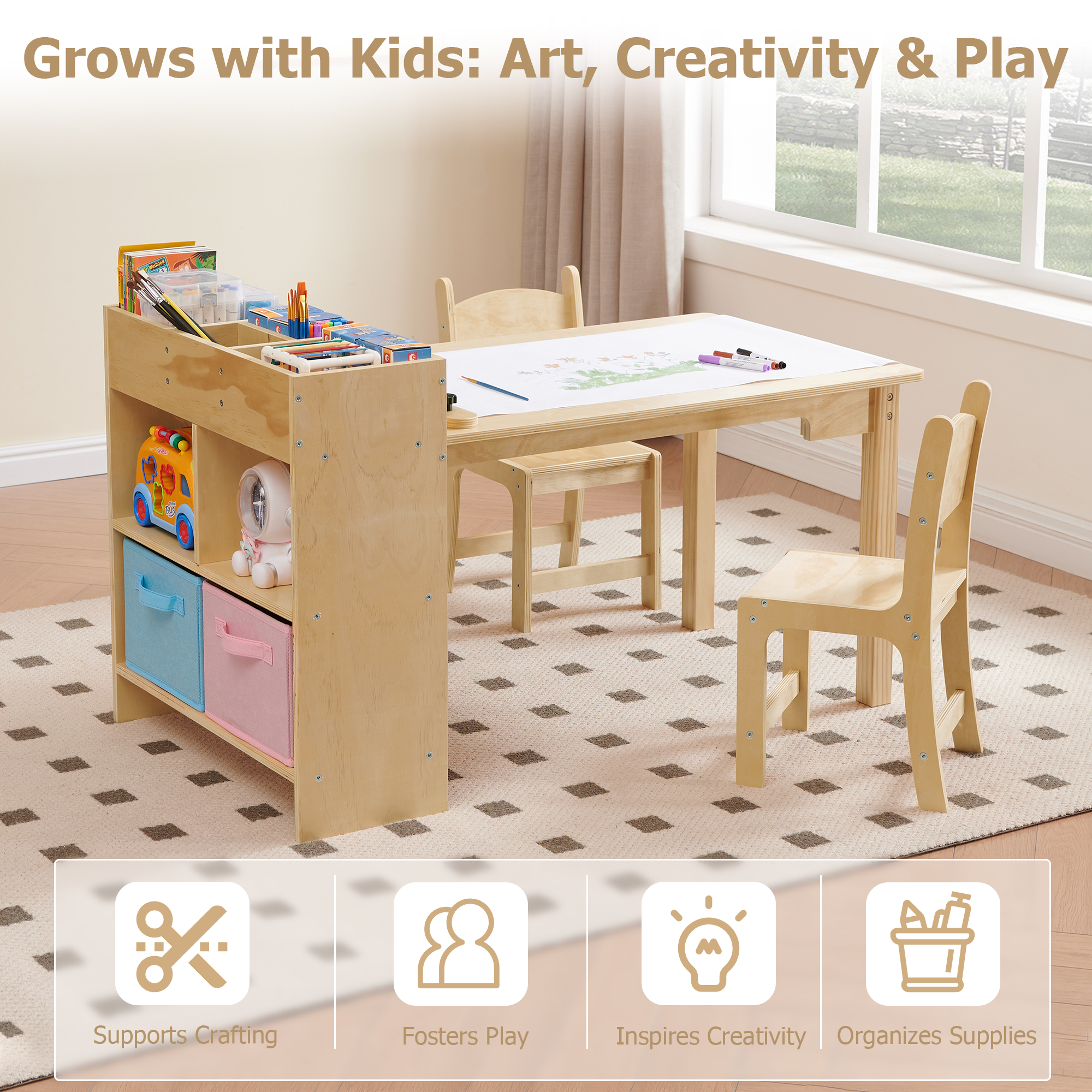 Kids Art Table and 2 Chairs Set, Solid Pine Wood Toddler Activity Craft Desk with Storage for Drawing, Writing, Reading, Ideal for Nursery, Playrooms & Classroom