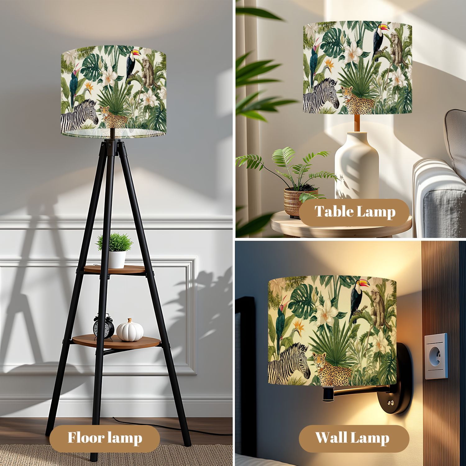 Linen Drum Lamp Shades exotic trees animals tropical jungle monkey zebra bird 13" x 13" x 10" Lampshade for Table Lamps Floor Lamps Lamp Shade Replacement Easy Assembly Required