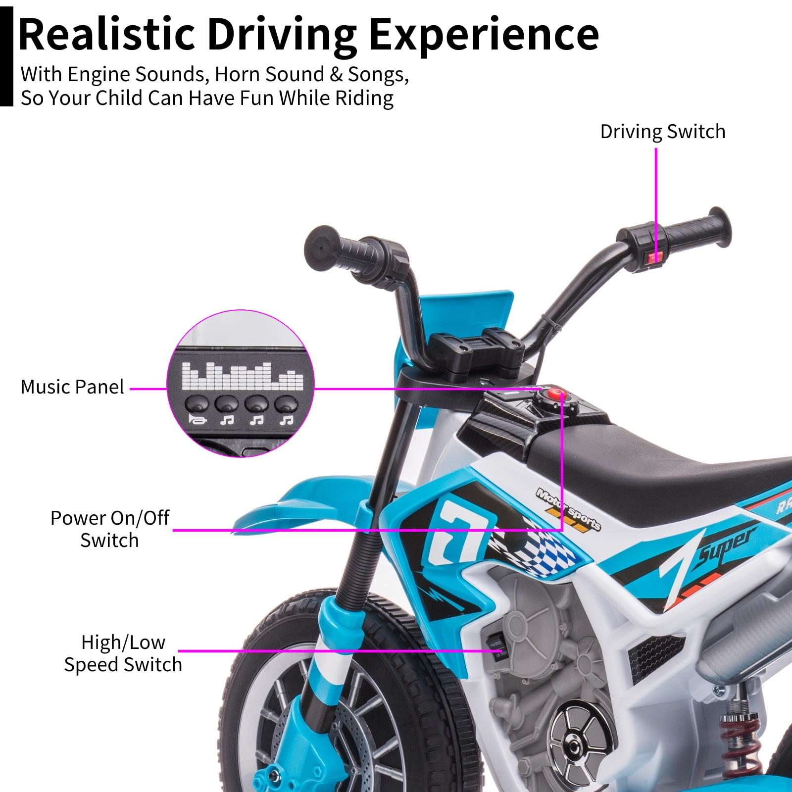 FINITO 12V Kids Ride on Motorcycle, Battery Powered Car Toy with 2 Training Wheels Electric Motorbike Gift for Boys Girls Age 3+, Blue