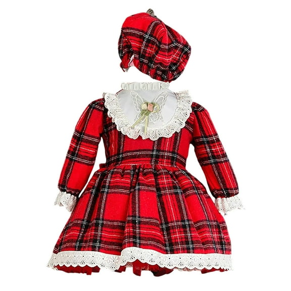 Tisuna Christmas Girls Dress Toddler Plaid Print Long Sleeve Crew Neck Dresses Cute Casual Autumn Winter Girls Christmas Dress With Hat Red Size 9-12 Months