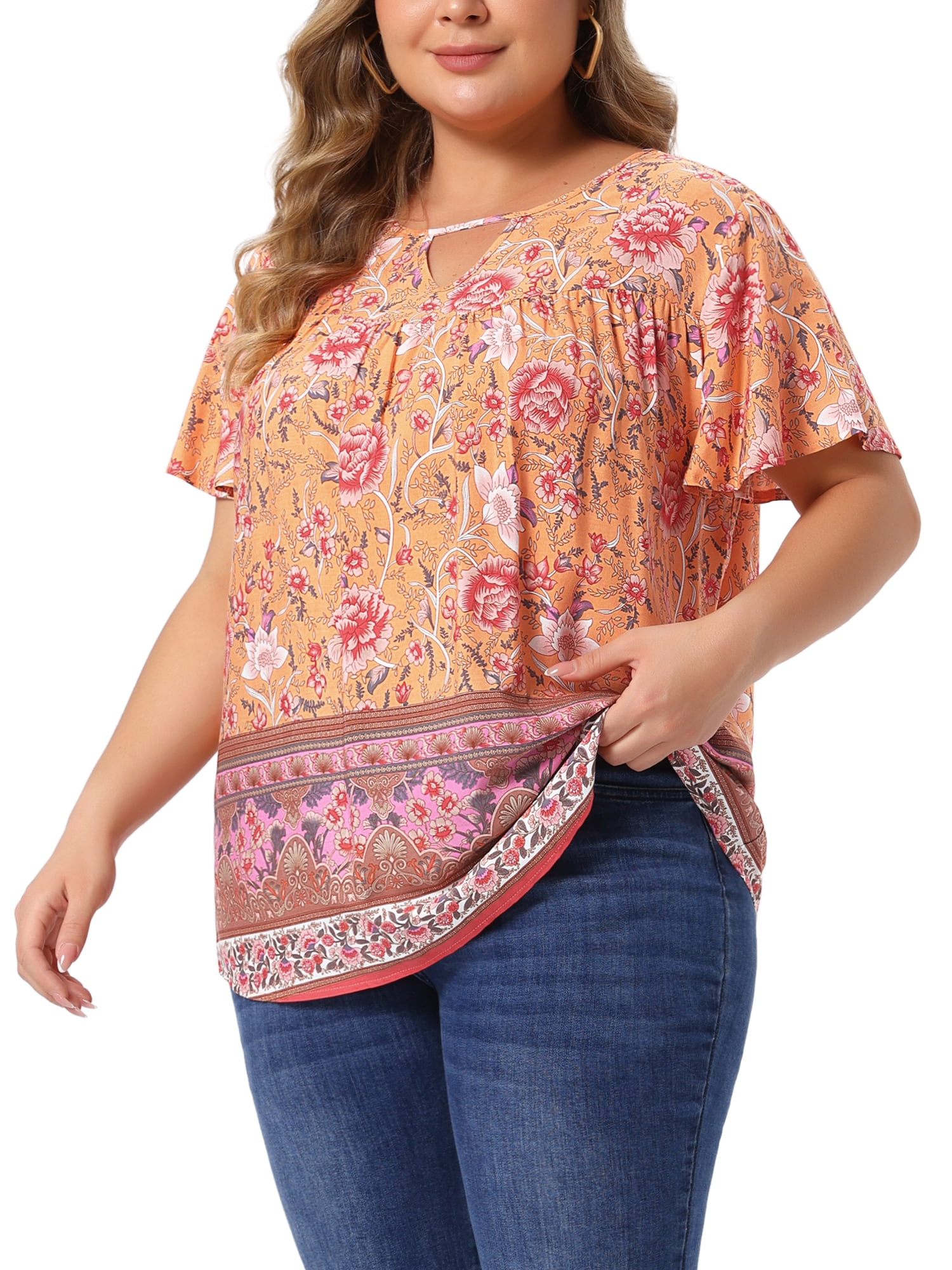DARING DIVA Women's Plus Keyhole Ruffle  Boho Floral Keyhole Neck Blouse 2X Orange