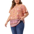 thumbnail image 2 of DARING DIVA Women's Plus Keyhole Ruffle  Boho Floral Keyhole Neck Blouse 4X Orange, 2 of 6