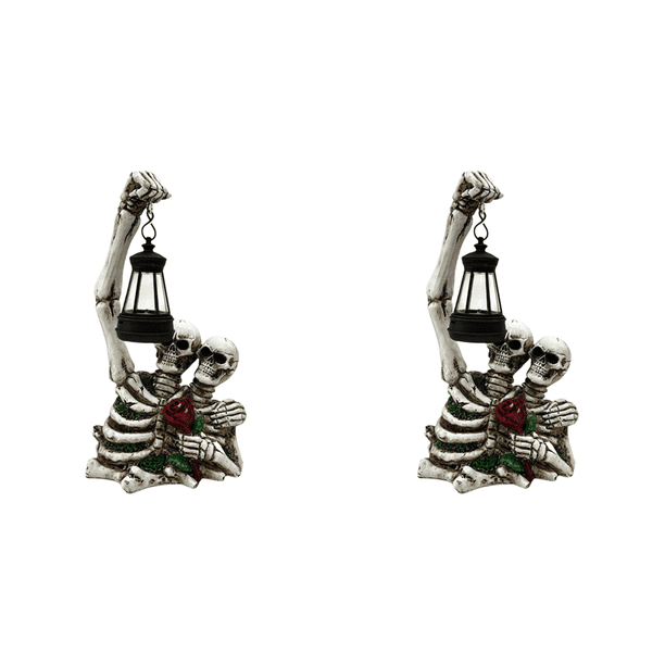 Estatua Calavera Terror Solar Halloween Con Escultura Esqueleto Rosa Resina Linterna